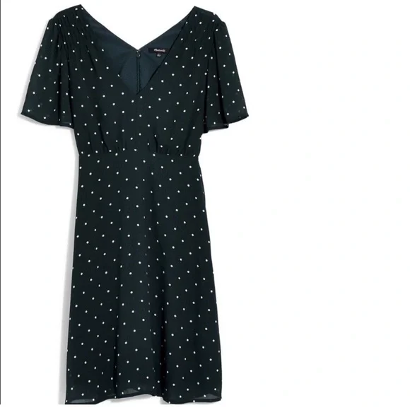 Madewell green and white dot smocked shoulder v neck dress smoky spruce, size 0 - Picture 4 of 10